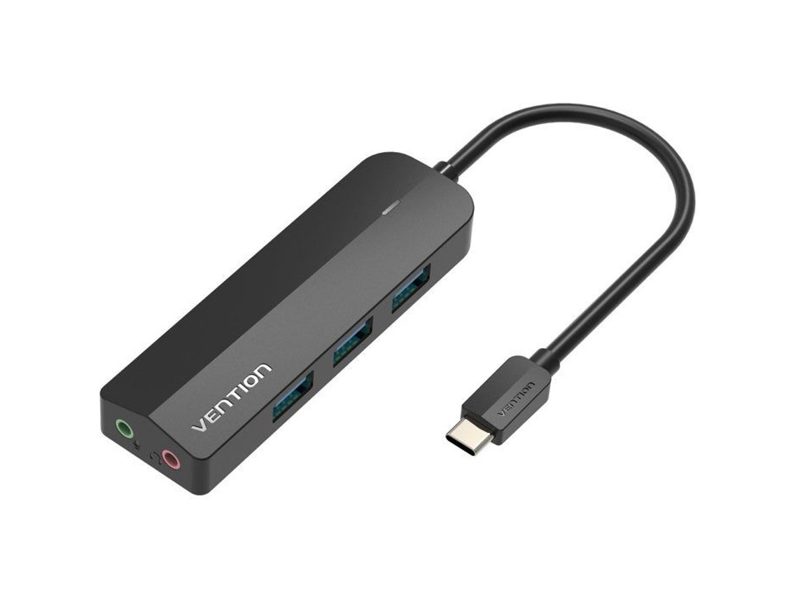 Vention 5 em 1 USB C para 3 USB 3.0/Micro B Adaptador de som estéreo externo 0,15 m Preto ABS Tipo C