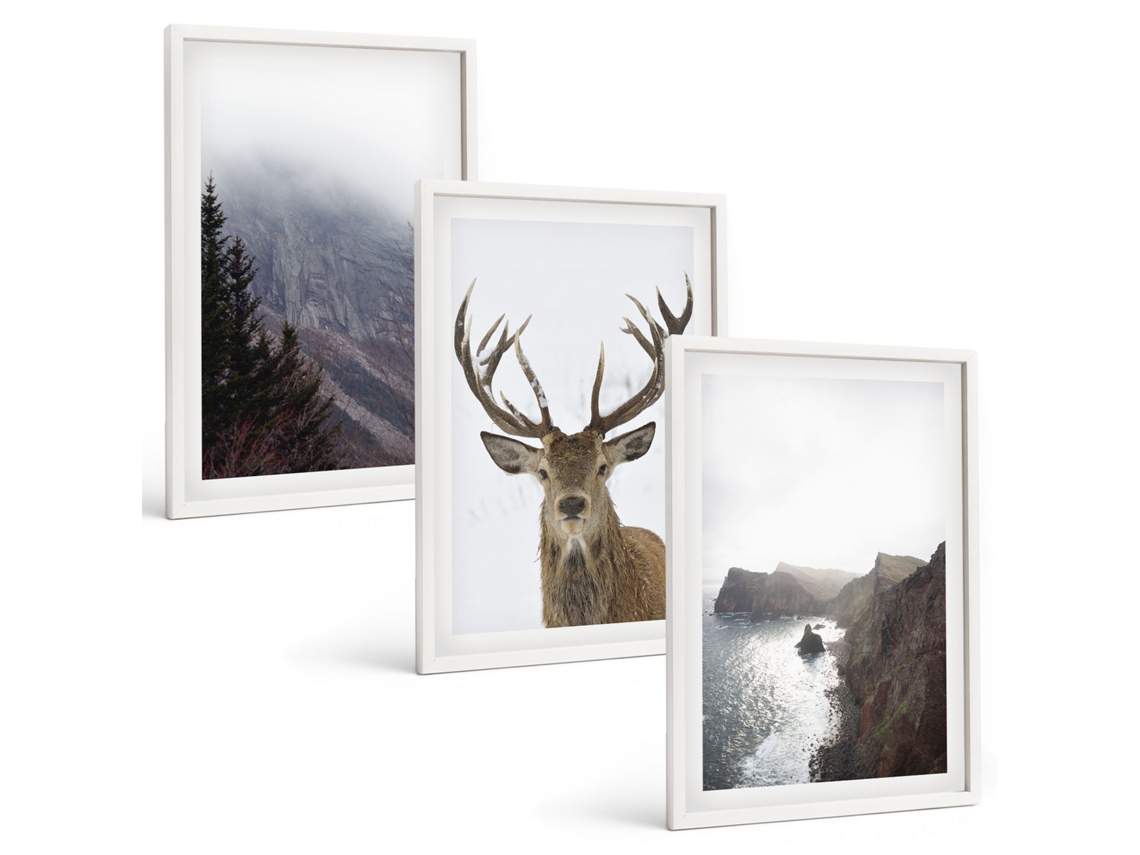 Conjunto De Pinturas Paisagem De Montanha Com Veado Moldura Branca Quadros Para O Escritório Espelharte (3 Piezas De 40x60 Cm)