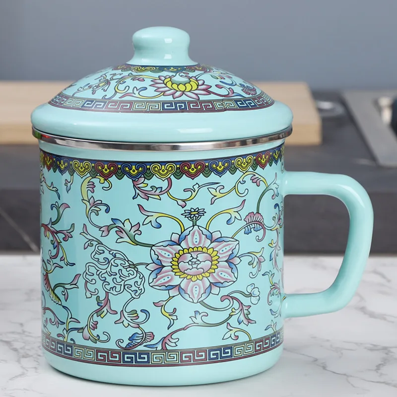 Caneca Retrô Personalizada de Esmalte com Tampa, Caneca Térmica para Chá, Conjunto para Bebidas. MDUG (verde, 500 Ml)