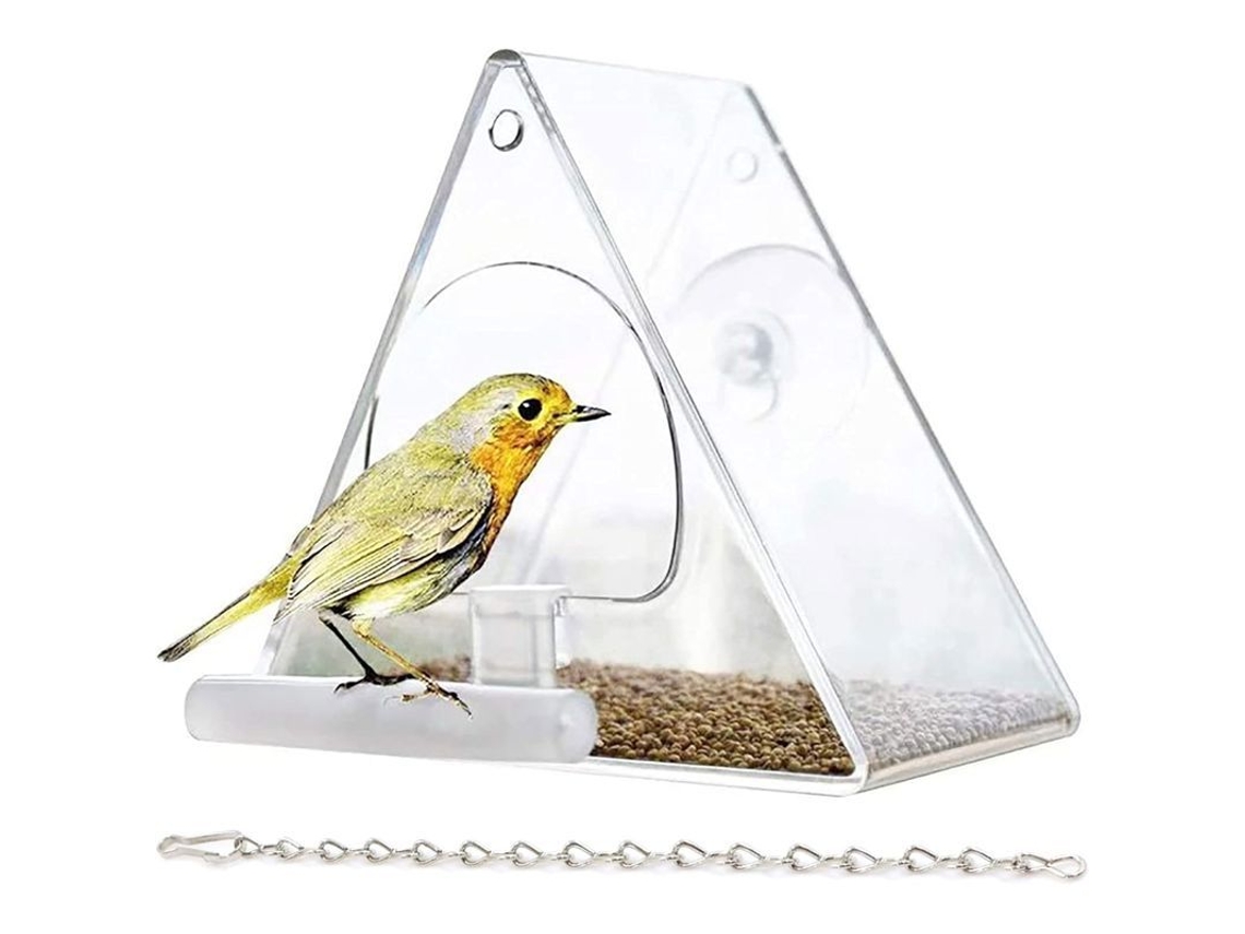Comedero Para Aves Con Ventana - Acrílico Transparente - Cadena De Metal - Dispensador De Alimento Para Aves Pequeñas A Medianas - Exterior