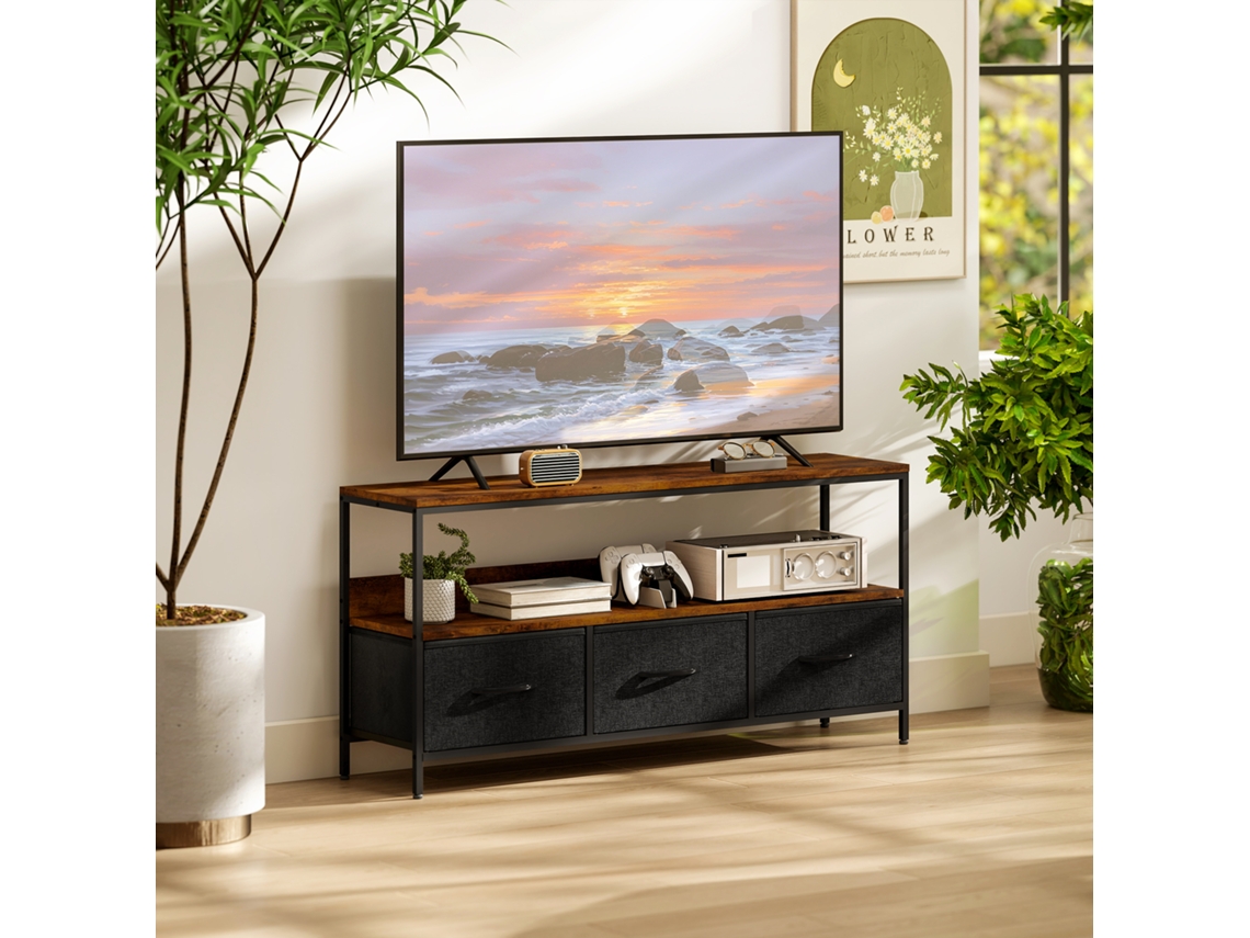 Móvel De Tv, Mobiliário Para Televisão Até 55 Polegadas Com 3 Gavetas E Pés Aço 120 X 29 X 56 Cm Castanho Rústico