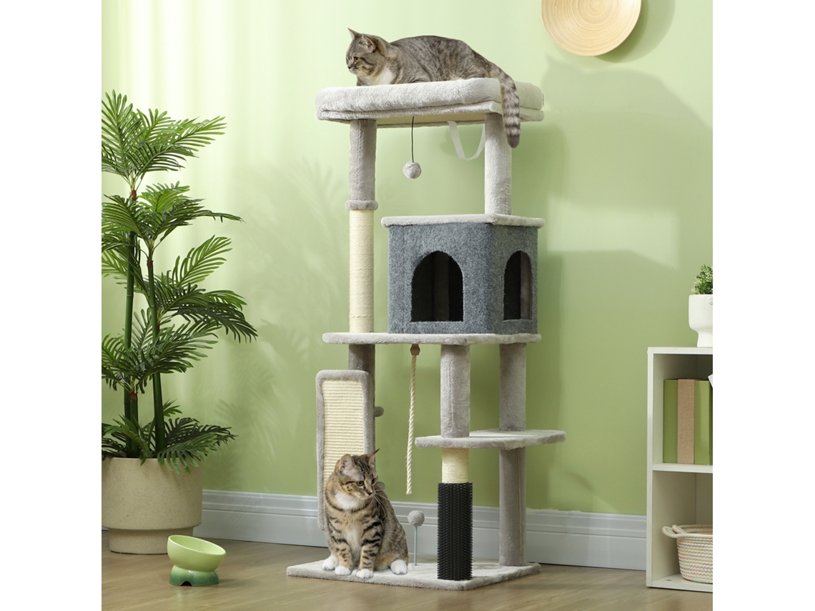 132cm Cat Tree With Scratching Posts, Bed, House, Jumping Platforms, Grooming Brush, Light Gray