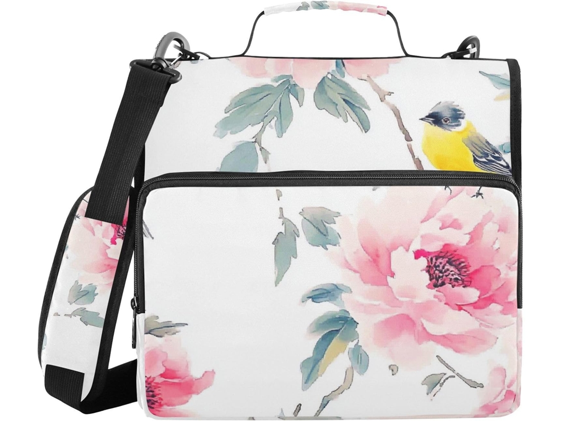 Mala para 3 Argolas com Estampa de Flores e Passagens, Compartimentos Extras, Alça de Ombro, Grande Capacidade, Organizador