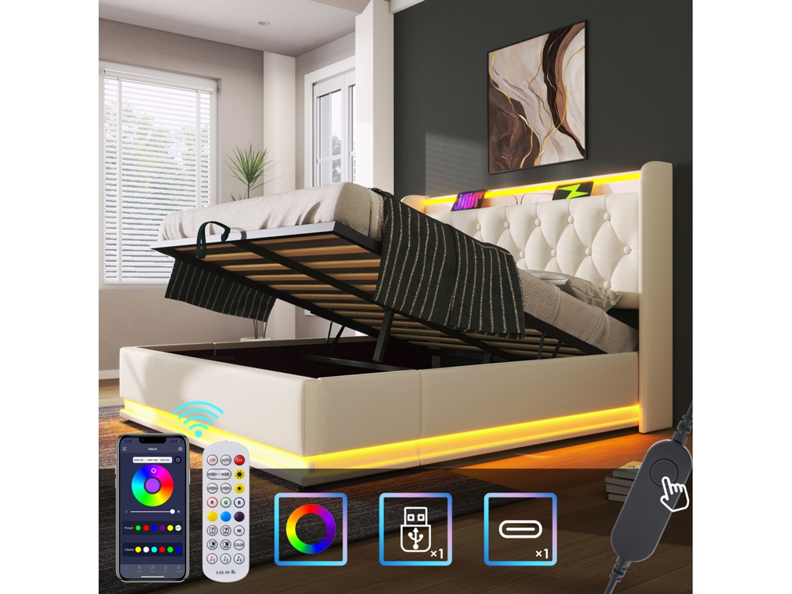 Cama Casal 180x200cm Led 360° Usb-c Controle App/fio Pu Branco