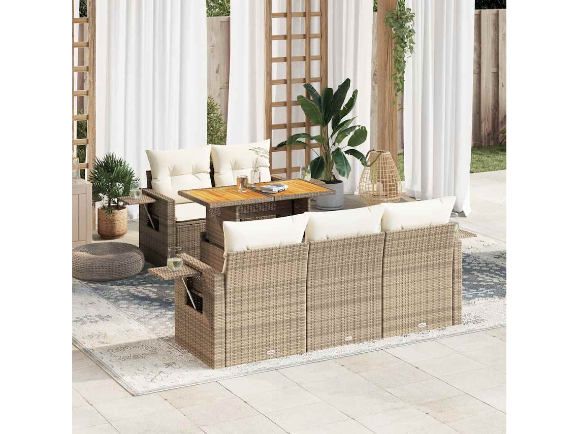 Vidaxl 6 Pcs Conjunto De Sofás P/ Jardim Com Almofadões Vime Pe Bege