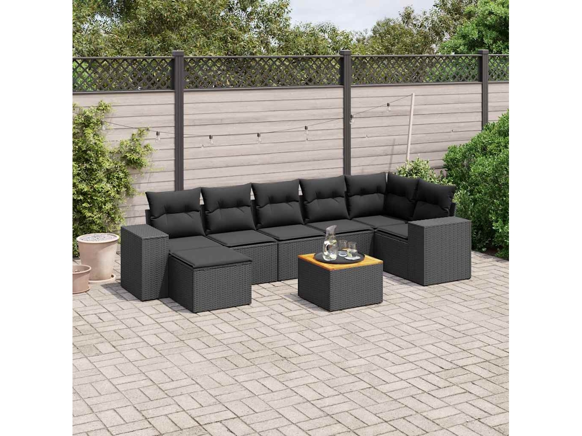 Vidaxl 8 Pcs Conjunto Sofás De Jardim Com Almofadões Vime Pe Preto