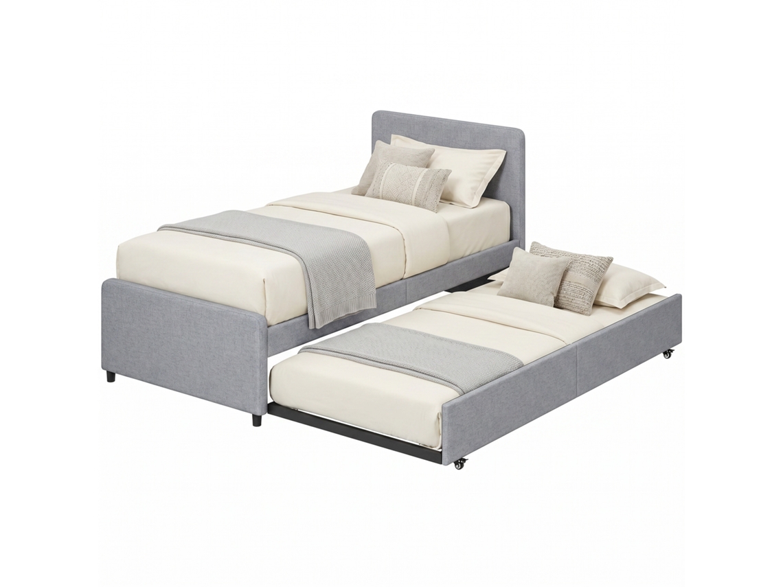 Cama Nido Individual 90x190 Cm Estofada Em Tecido Efeito Linho Com Cabeceira E Estrado Metálico, Cinzento Claro