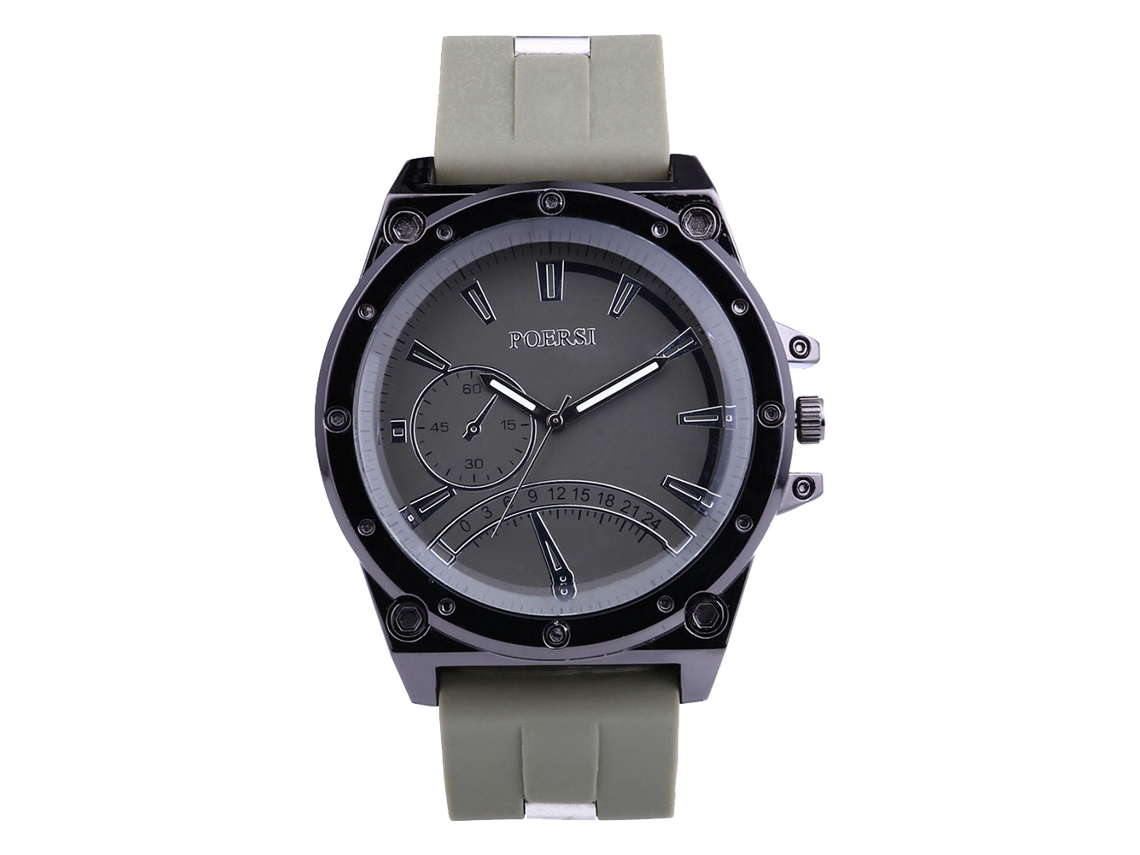 Relógio masculino casual com pulseira de silicone, mostrador redondo, quartzo, verde militar.