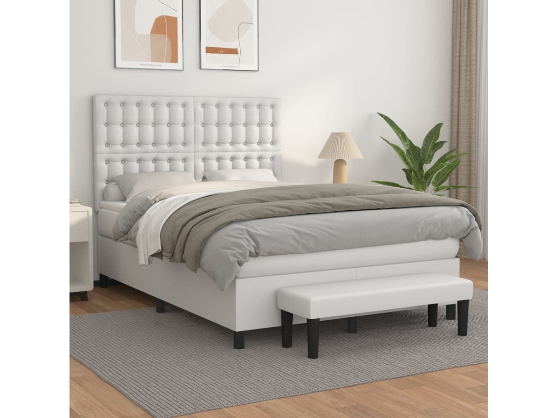 Vidaxl Cama Com Molas/colchão 140x190 Cm Couro Artificial Branco