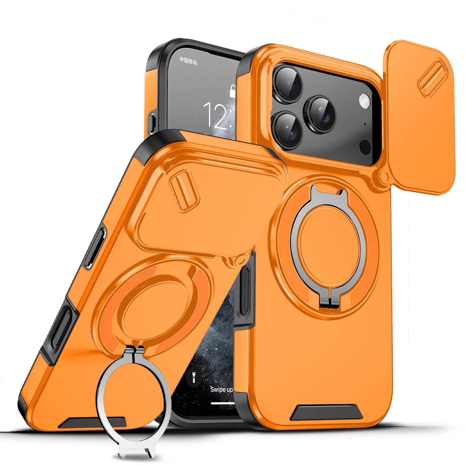 (laranja, Iphone 16 Pro) Capa Magnética Resistente Com Suporte De Anel 360° E Tampa Deslizante Para Câmera