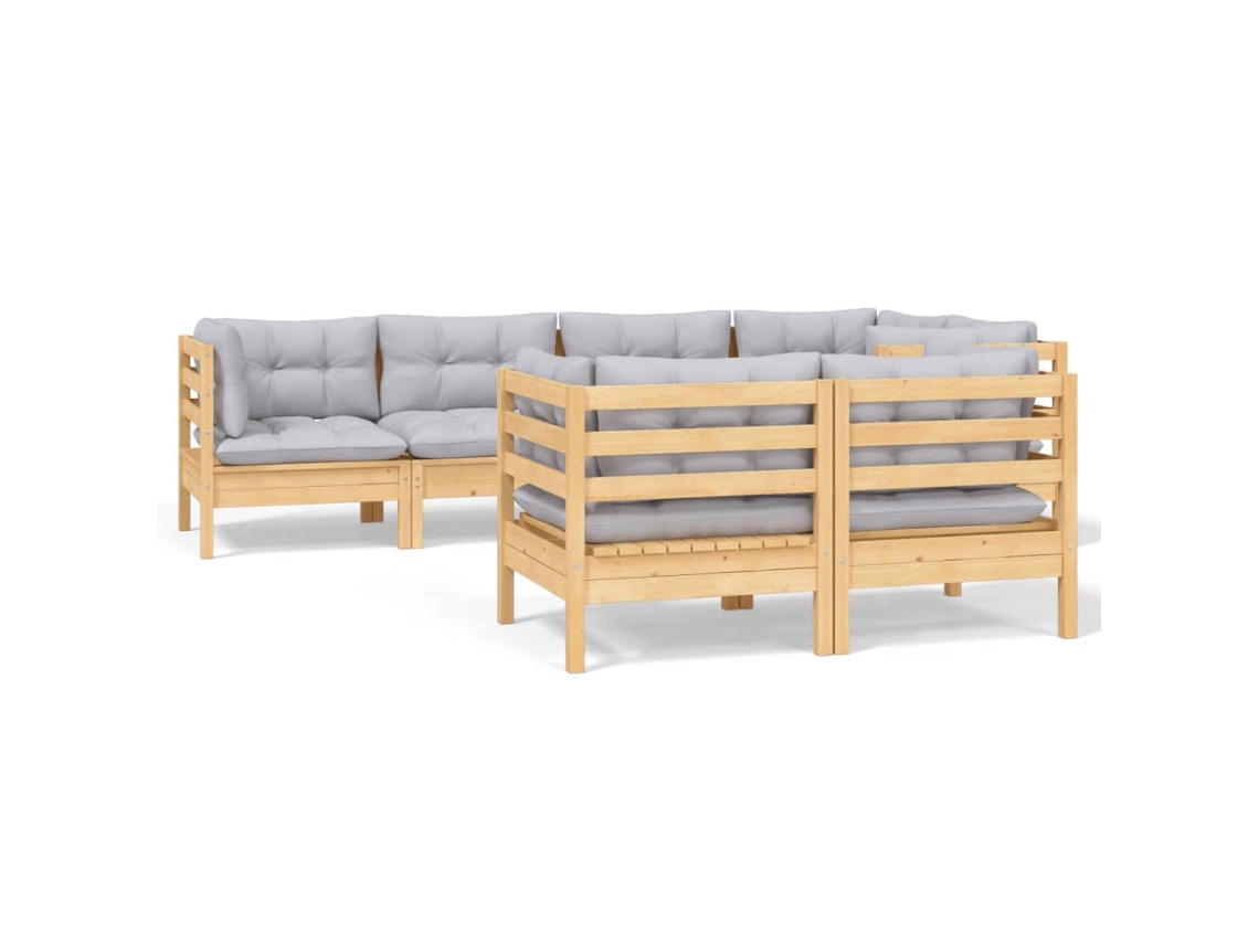 Conjunto de 7 Lounge de Jardim com Almofadões Cinza Pinho Maciço MAISON EXCLUSIVE
