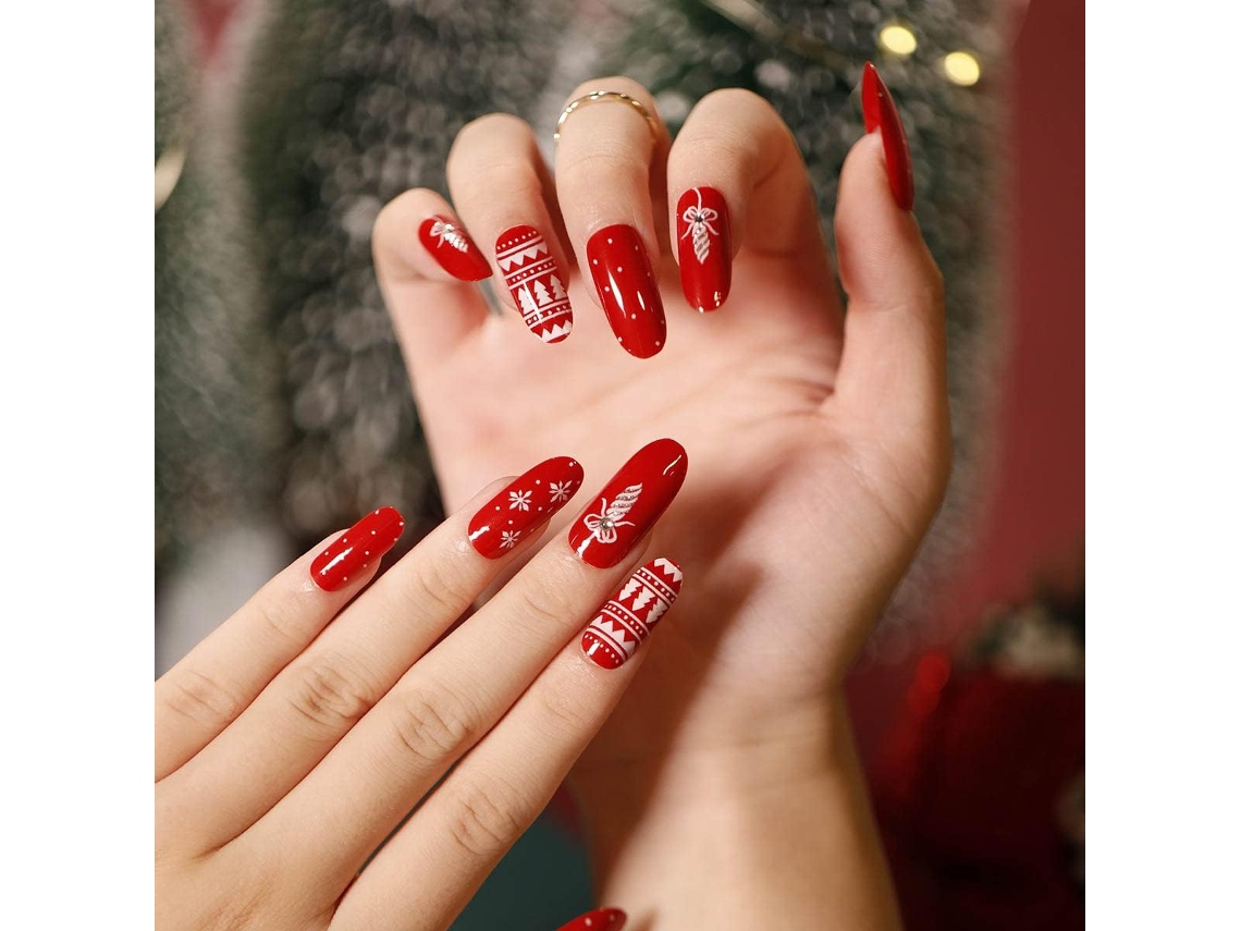 24 French Postiças Com Árvore de Natal Xadrez Rosa E Linha - Ballet Style Acrílico Postiças Para Mujer E Menina (b)