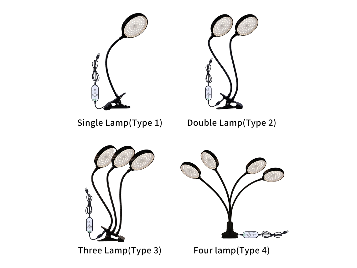 Lâmpada LED de crescimento com espectro completo, temporizador, haste flexível e conexão USB ajustável.