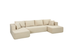 Sofá Modular U Comprimido 337 Cm, Conversível 4 Lugares Em Veludo Cotelê, Assento Amplo, Creme