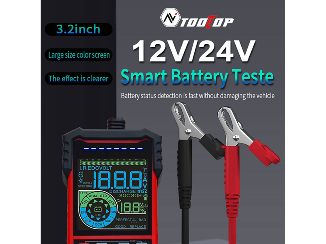 Testador de bateria inteligente Tooltop, tela colorida de 3,2 polegadas, 12V/24V, com iluminação e proteções