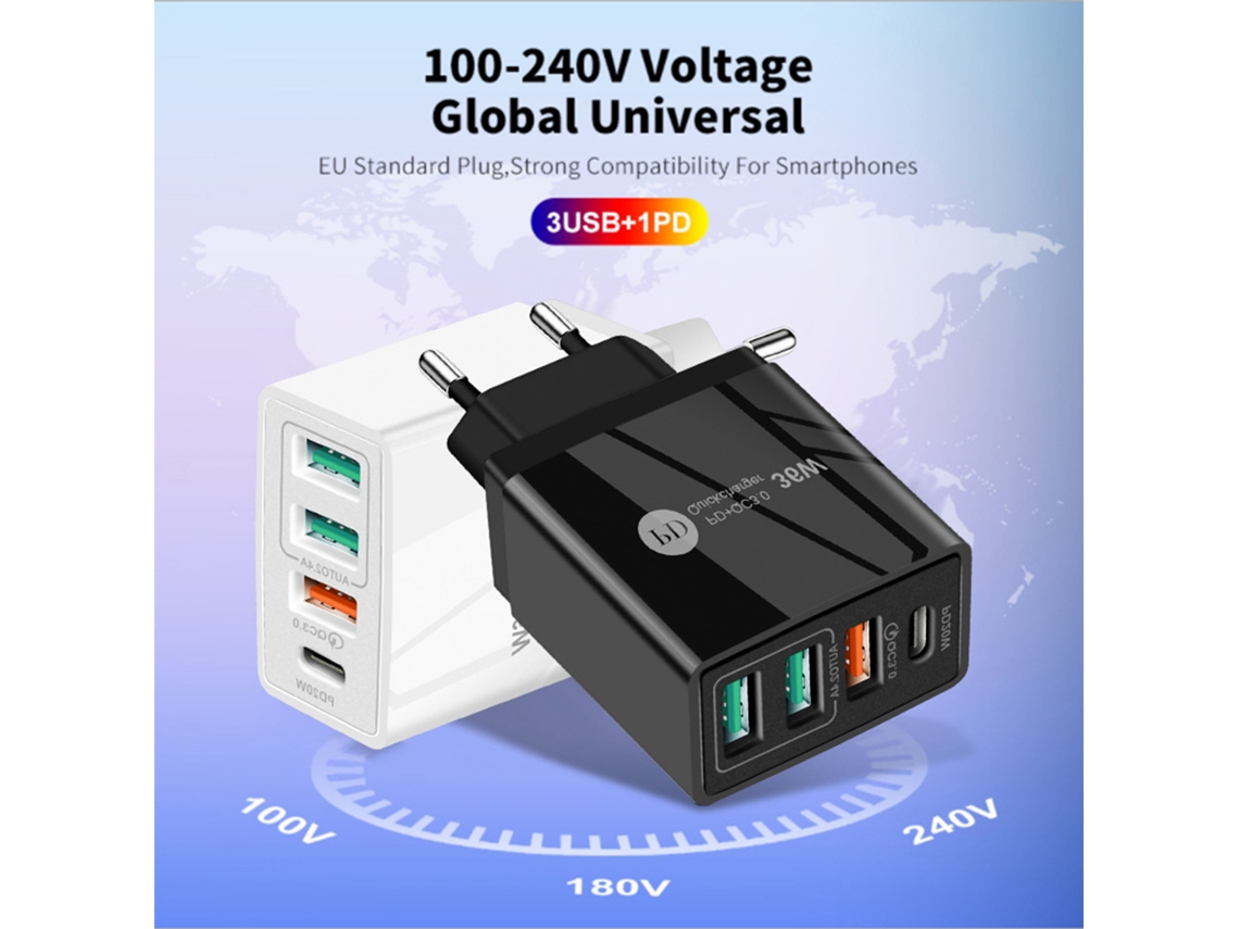 Carregador rápido PD36W 5V4A com 3 USB e cabeçal de carga | S/MARCA