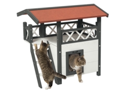 Casinha para Gatos de 2 Andares, 77x50x73 Cm, com Telhado de Asfalto, Escada e Varanda para Uso Externo, Branca. E TOWN COMMERCE GMBH