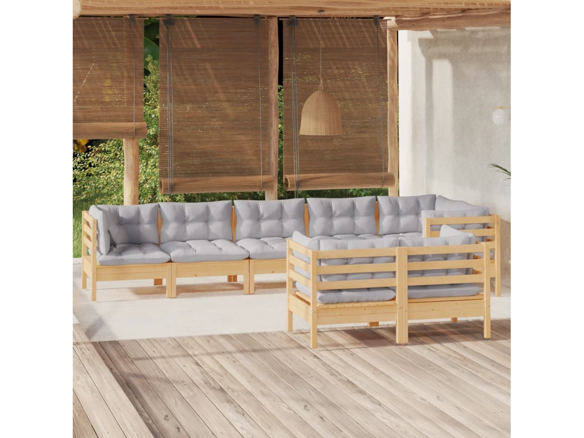 Vidaxl 8 Pcs Conjunto Lounge De Jardim + Almofadões Cinza Pinho Maciço