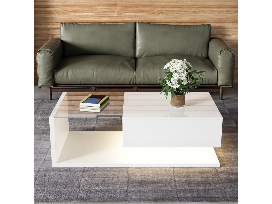 Mesa De Centro Brilhante Branca Com Vidro E Efeito Led,mesa Lateral Moderna Para Sala De Estar Mega Echo Trade Shop