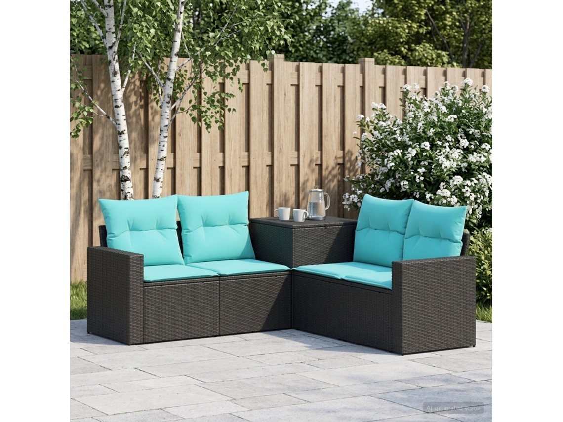Vidaxl Conjunto De Sofás 5 Unid. Preto E Azul Rattan Poliéster E Aço
