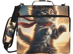 Pasta organizadora com zíper e 3 argolas, estampa Fofo Gatinho, ideal para escola e trabalho, em tecido resistente.