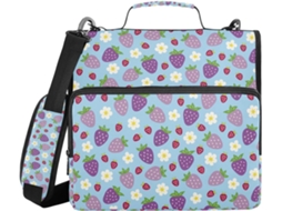 Organizador De Fichário Azul Com Estampa Morango E Flor, Alça De Ombro, Vários Bolsos De 3, 8cm, 3 Carimbos, Pasta E