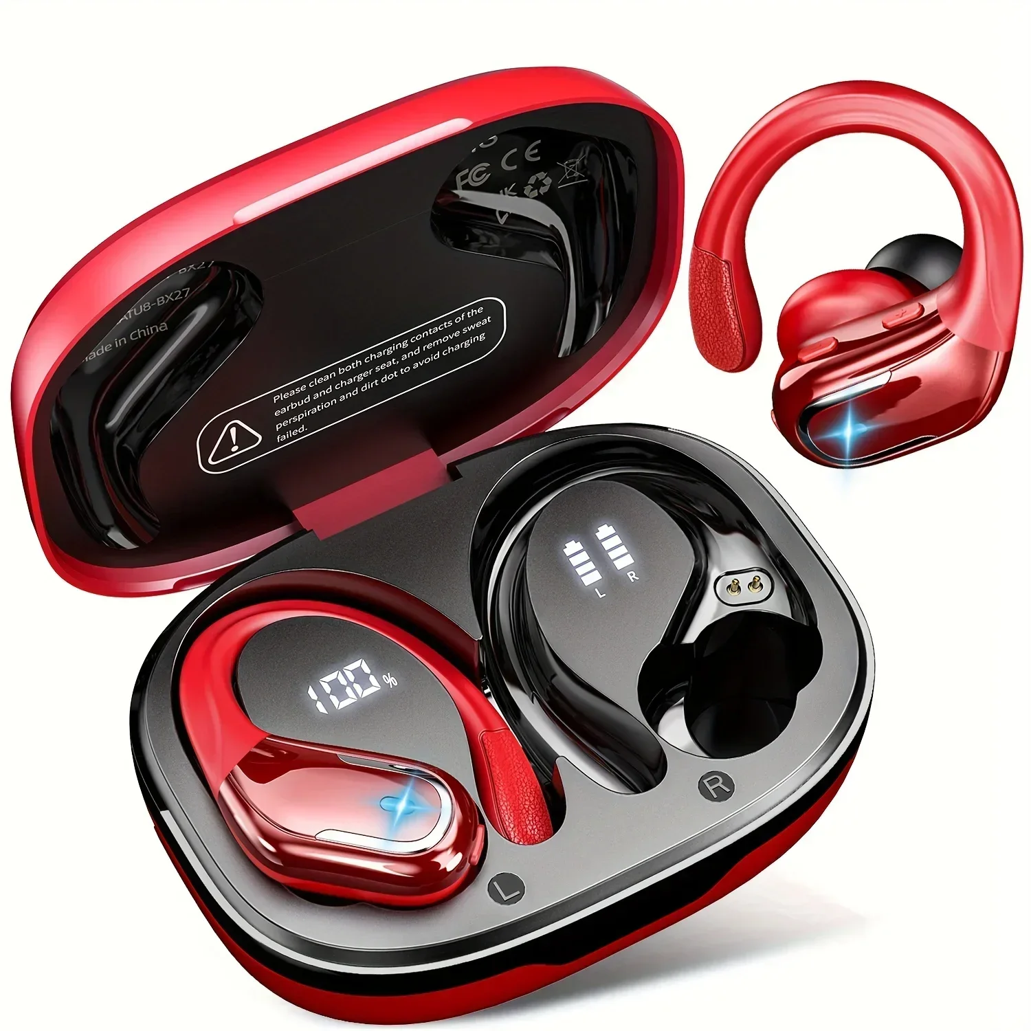 (vermelho) Fones de ouvido não-Fio, fones de ouvido esportivos com ganchos para fone de ouvido e visor de LED.