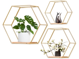 Porta Objetos Parede De Ferro Decoração Sala/quarto, 3 Peças Hexagonais Sfushos (dourado, Sem Objetos Decorativos)