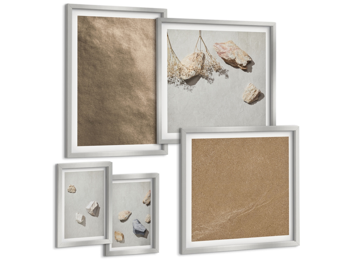 Galeria De Pinturas Murais Formas Abstratas Com Folhagem Moldura Prateada Fotos Para O Escritório Espelharte (conjunto De 5 Imagens)