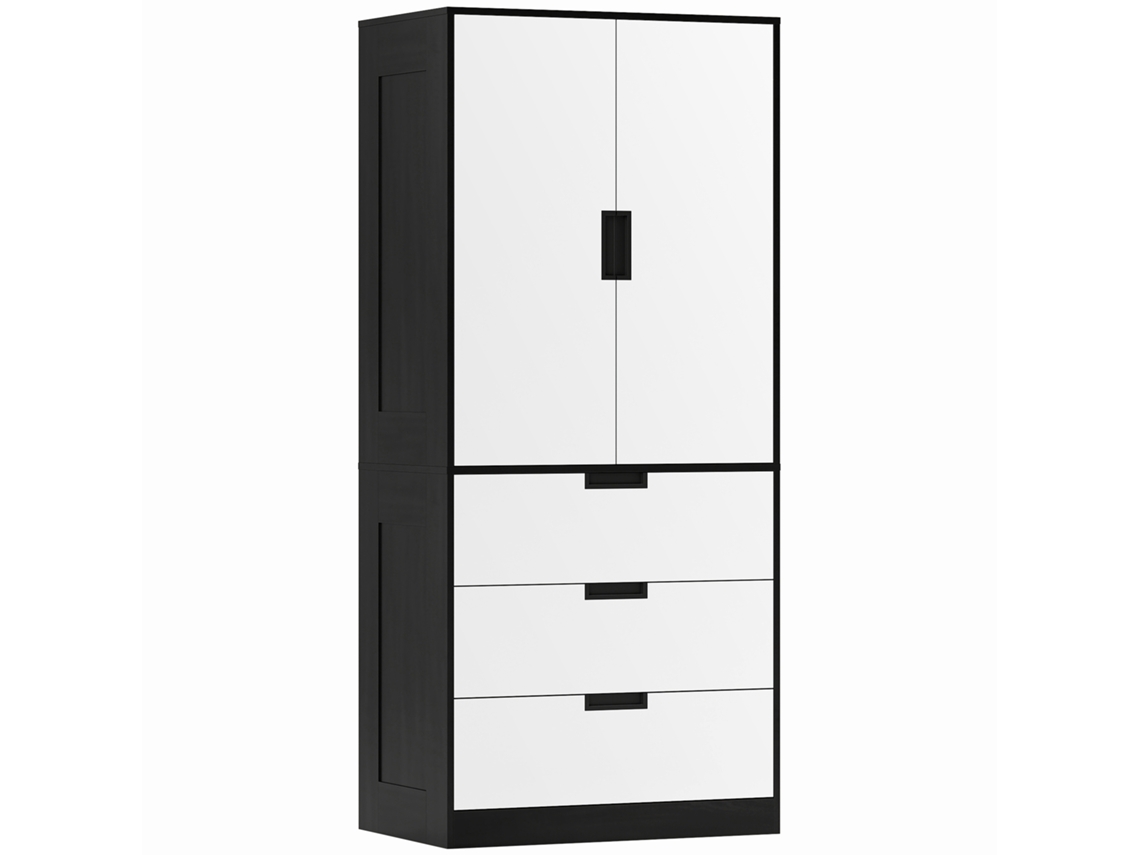 Guarda-roupa Moderno Com 2 Portas E 3 Gavetas, Com Cabideiro, Para Quarto, Preto E Branco.