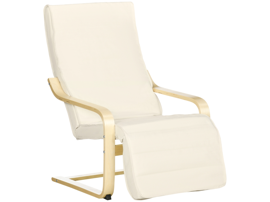 Espreguiçadeira Com Almofada, Apoio Para Os Pés Com 5 Posições, Madeira De Bétula, Suporta Até 120 Kg, 66,5 X 94 X 100 Cm, Branco Creme