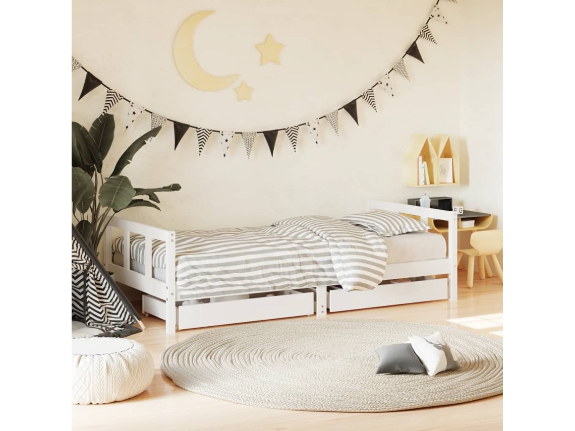 Vidaxl Estrutura Cama Infantil C/ Gavetas 90x190cm Pinho Maciço Branco