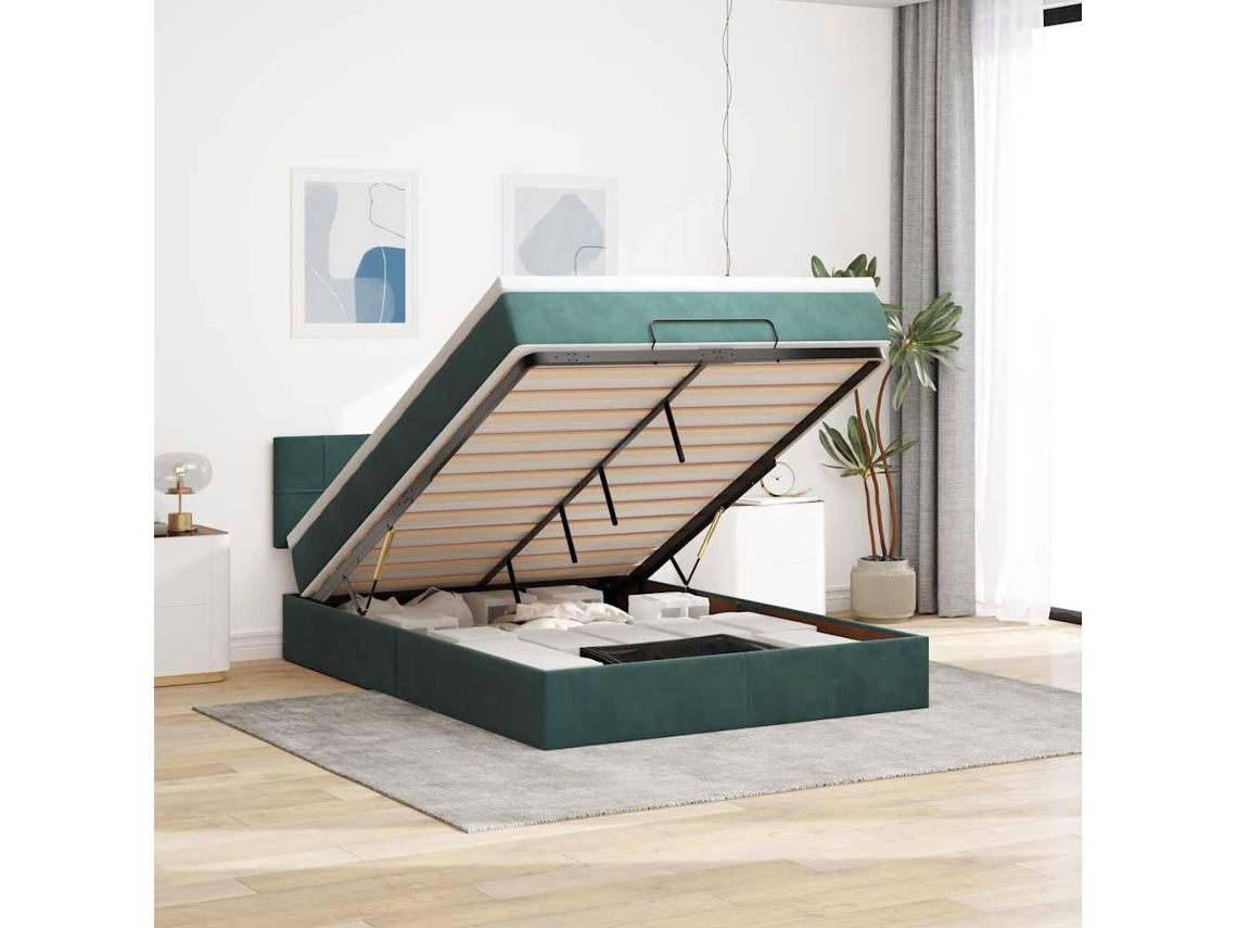 Estrutura De Cama Otomana Com Colchão 140x190cm Verde Escuro