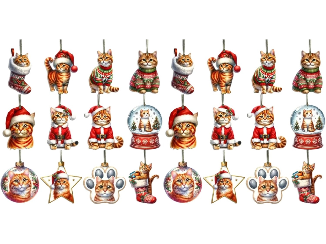 Enfeites Natal Árvore Gatos Conjunto 24 Madeira Decoração Festas Escola Apartamento Quarto Cozinha Espaços GOKOCO