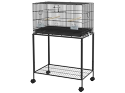 Gaiola para Pássaros com Rodas, 77x46x119 cm, Bandeja Amovível, 2 Poleiros, 2 Comedouros, Prateleira de Armazenamento, Preto