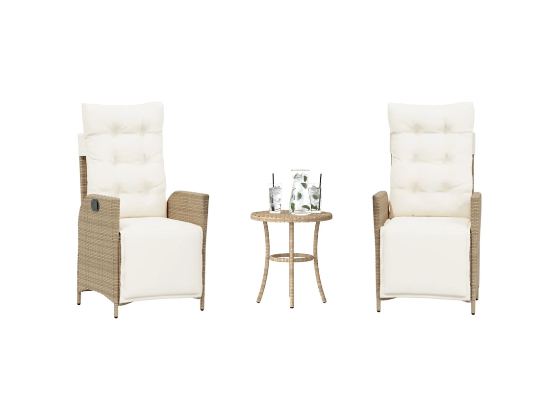 Vidaxl 3 Pcs Conjunto Bistrô Com Almofadões Vime Pe Bege