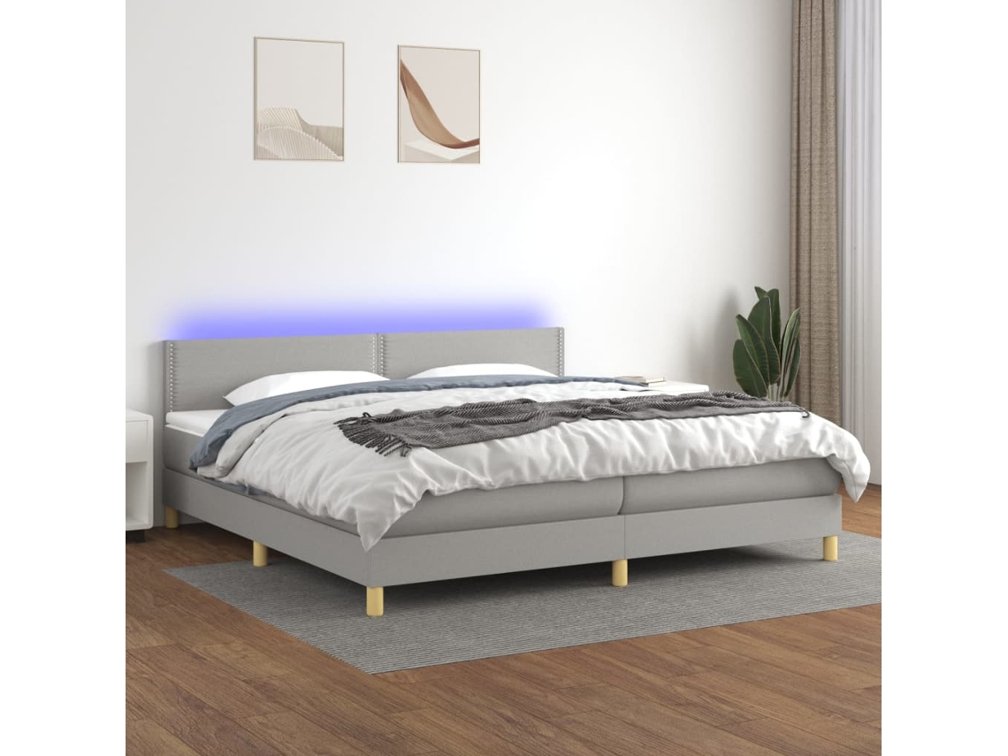 Vidaxl Cama Box Spring C/ Colchão E Led 200x200 Cm Tecido Cinza-claro