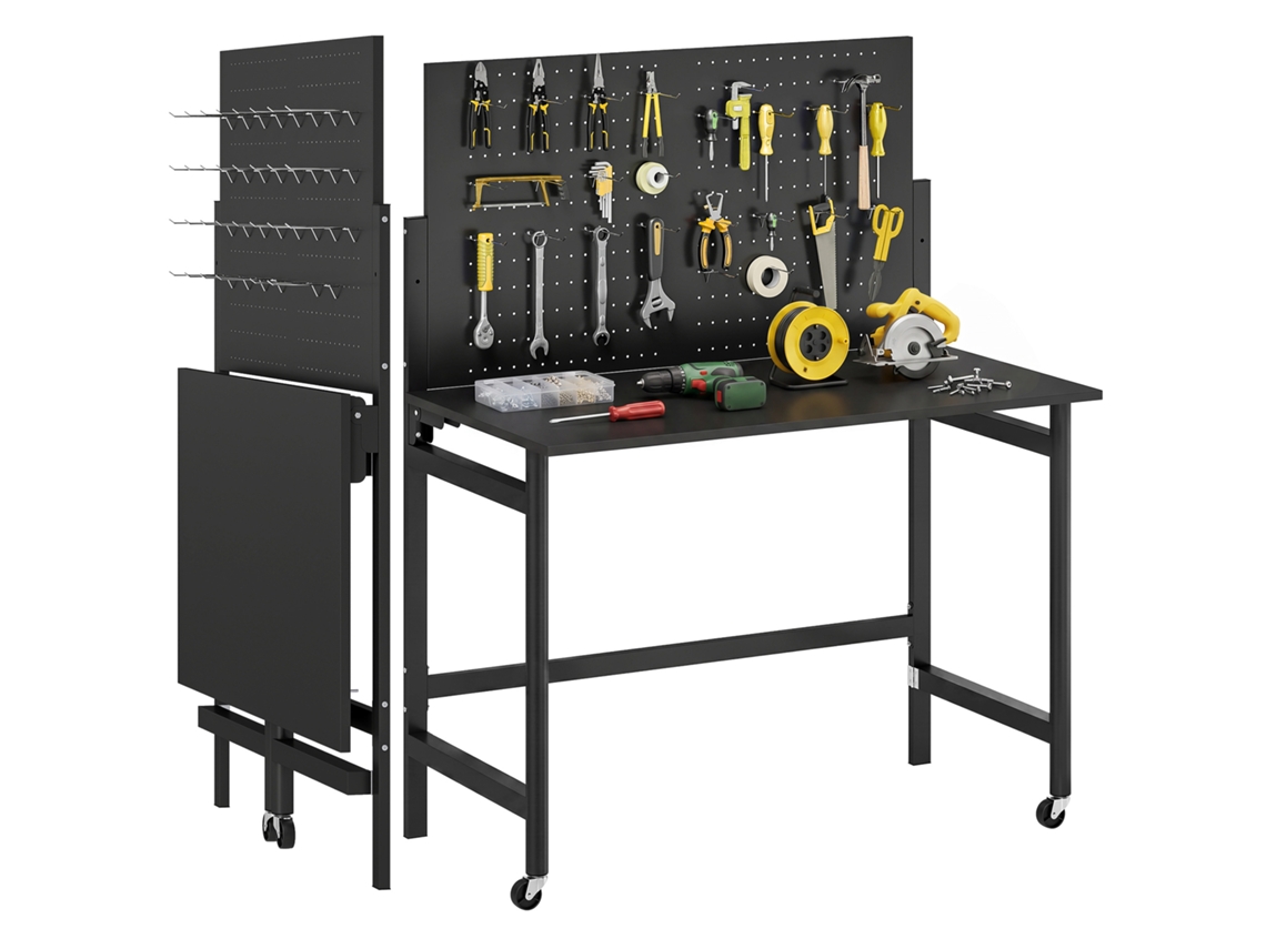 Bancada de trabalho móvel BTFORUS com painel perfurado,estrutura de aço,rodas,preto