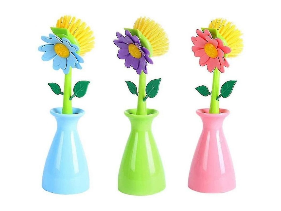 3 escovas de cozinha com mango longo, forma de flor, azul, verde, rosa, para utensílios