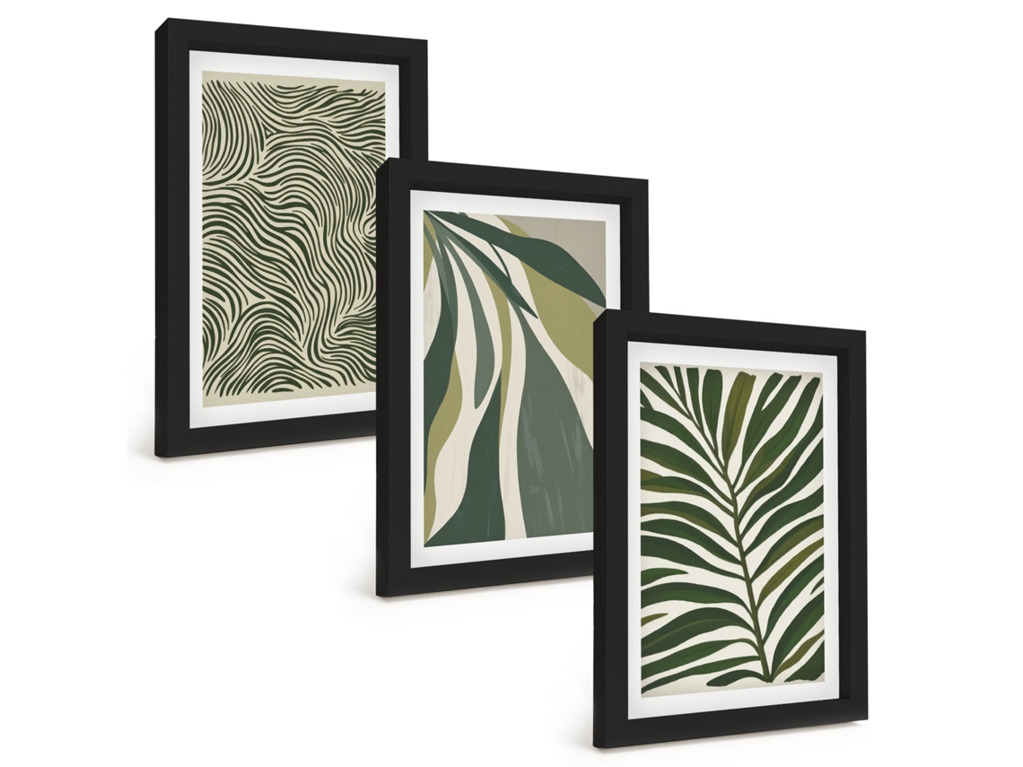 Composição De Quadros Folhas Com Linhas Onduladas Em Verde Espelharte (3 Peças 20x30 Cm)