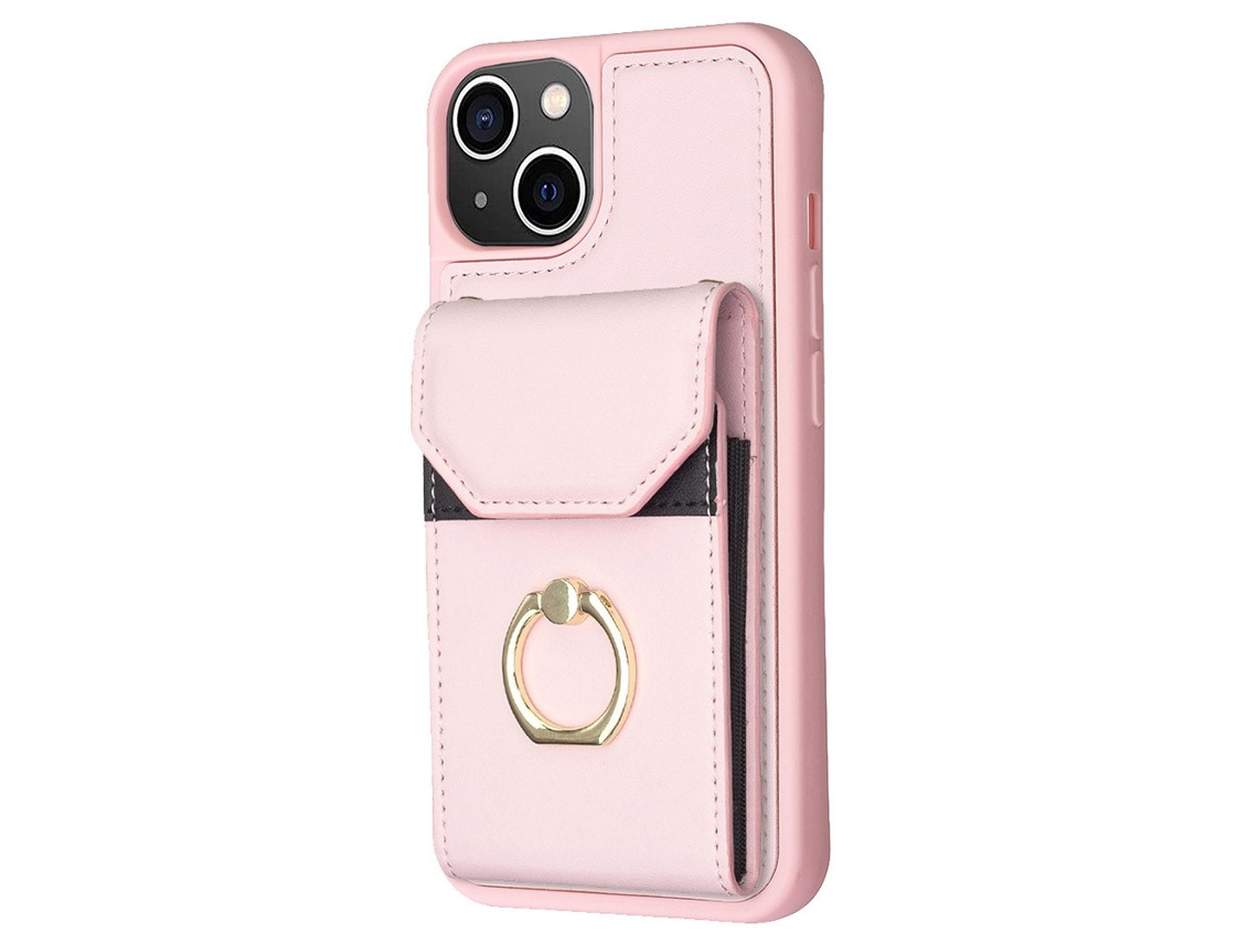 Suporte Casa Para Iphone 15 Pro Pele Sintética Anti-choque Com Porta-cartões Rosa