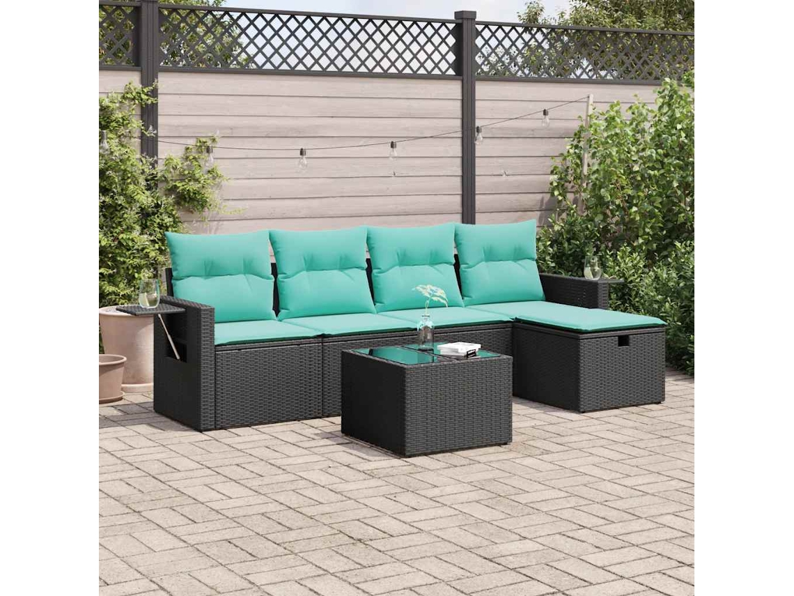 Vidaxl 6 Pcs Conjunto Sofás De Jardim C/ Almofadões Vime Pe Preto