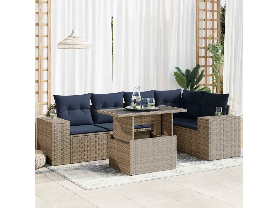 Vidaxl 6 Pcs Conjunto Sofás Jardim C/ Almofadões Vime Pe/acácia Preto