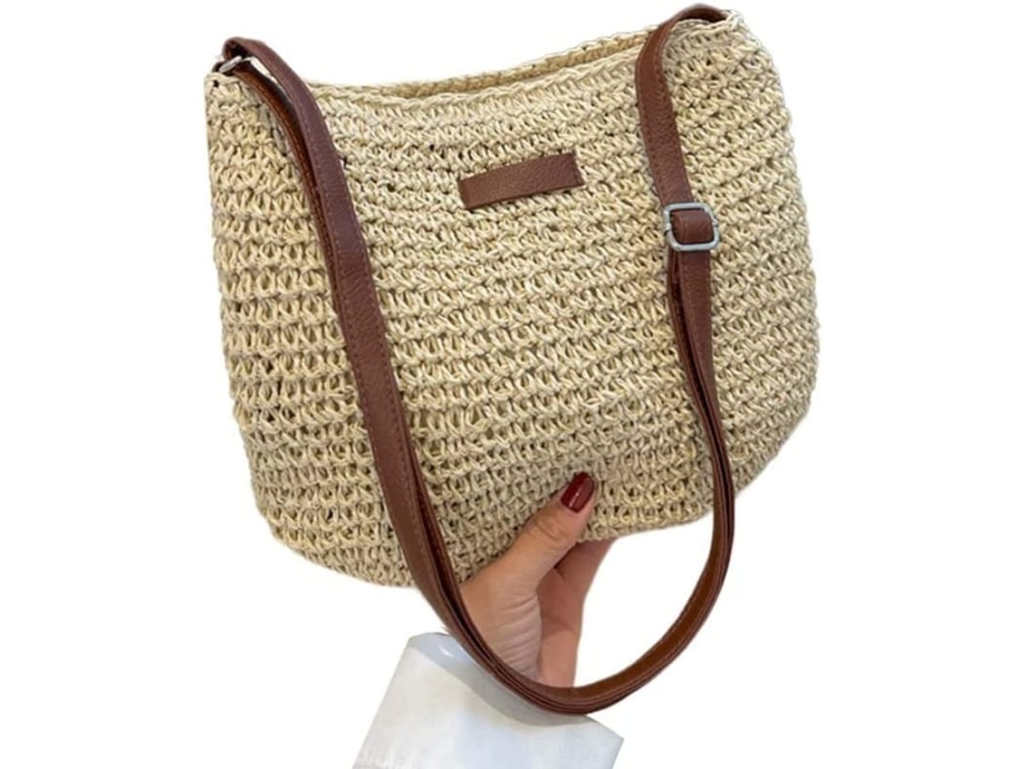 Bolsa De Ombro Feminina De Palha Verão Moda Trançada Transversal All-match Bolsa De Praia Bege