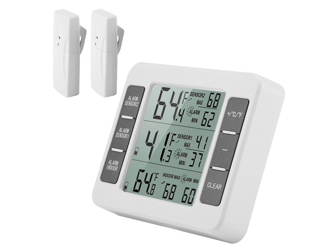 Lurelia Monitor De Temperatura Sem Fios Para Frigorífico E Congelador, Visor Lcd, 2 Sensores, Alarme Sonoro, Memória Máx./mín., Suporte Prático