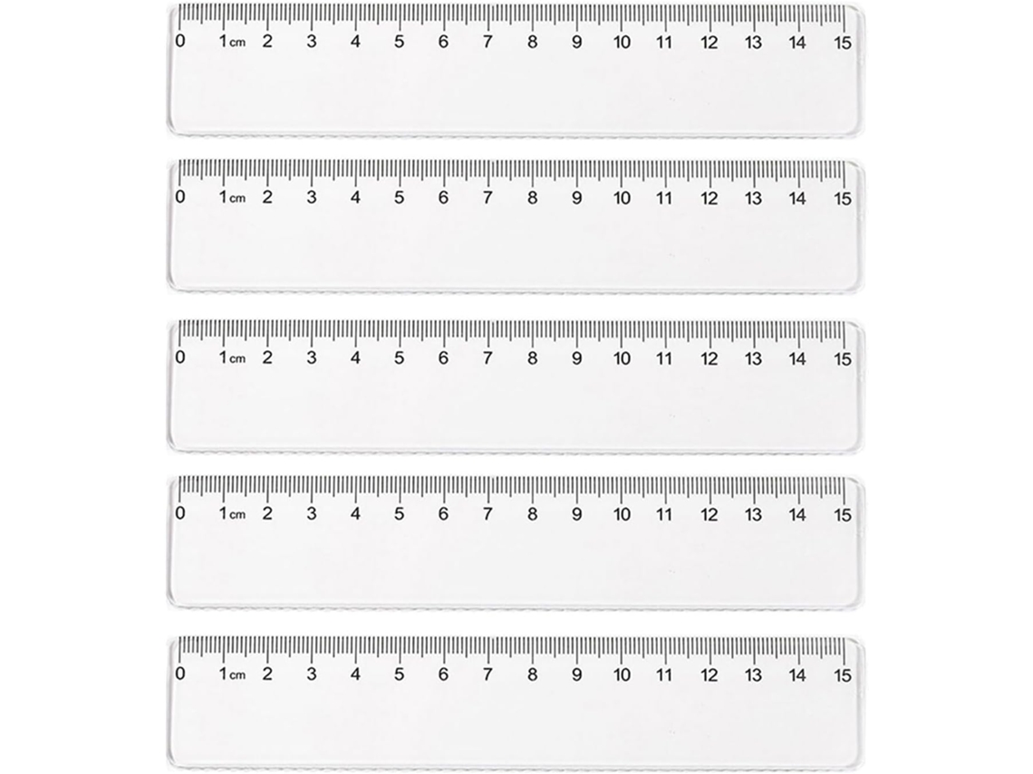 Conjunto de 5 réguas transparentes de 15 cm e 20 cm para medição, ideais para o ensino fundamental.