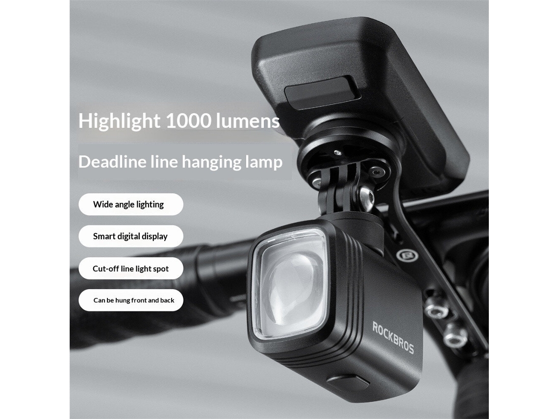 Farol Dianteiro Retrátil Para Bicicleta Rockbros M6 1000lm Preto Leve À Prova D'água Ipx6 Com Display Digital Carregamento Tipo C E Antirreflexo