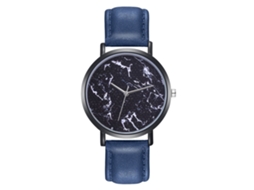 Relógio de quartzo casual masculino e feminino com pulseira de couro PU e mostrador redondo azul.