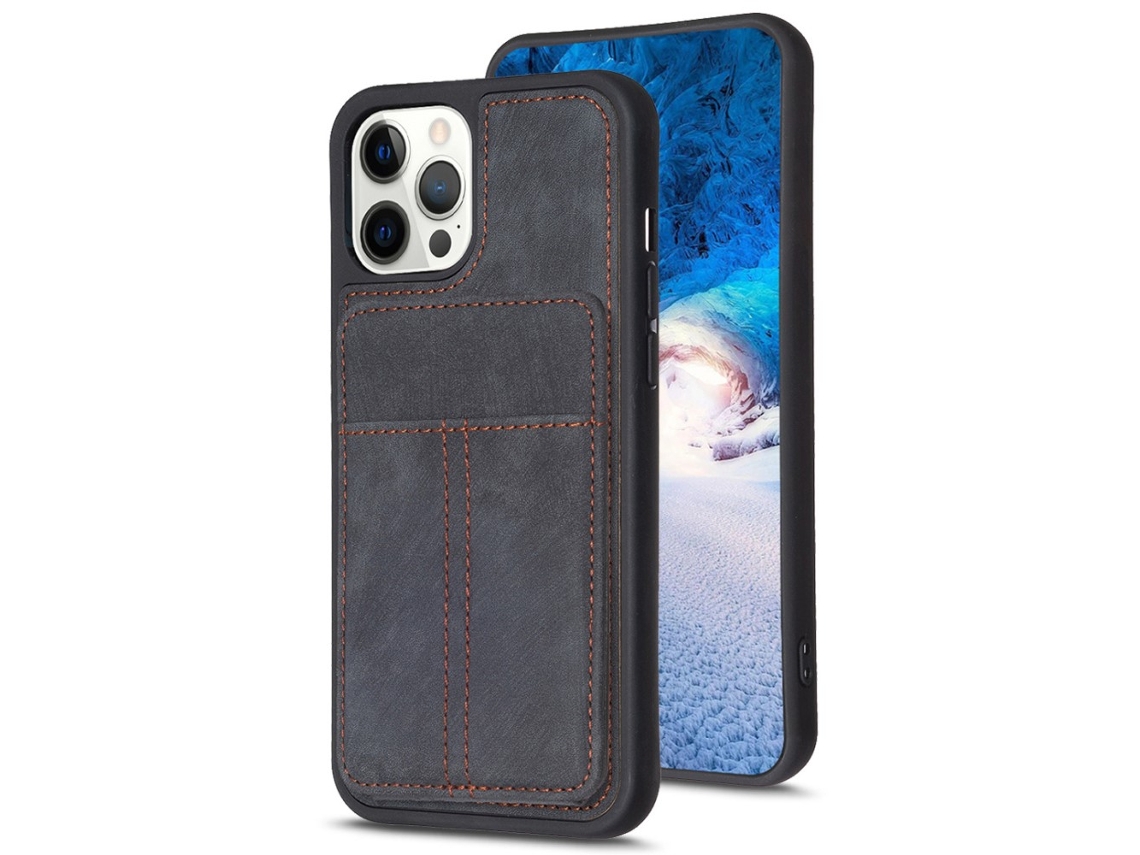 Capa Quedas Para Iphone 15 Pro Max Pele Sintética Com Porta-cartões Preto