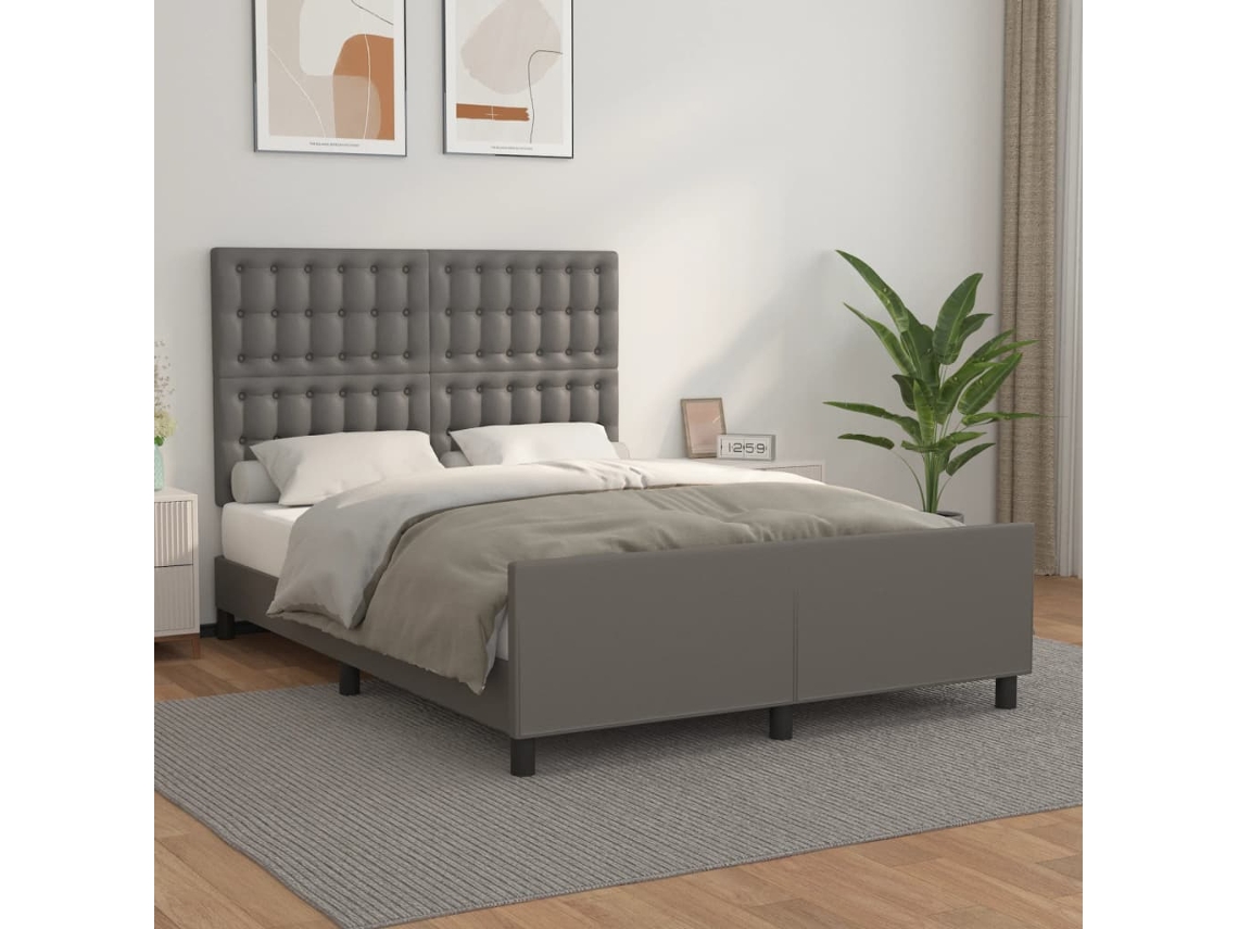 Vidaxl Estrutura Cama C/ Cabeceira 140x190cm Couro Artificial Cinzento
